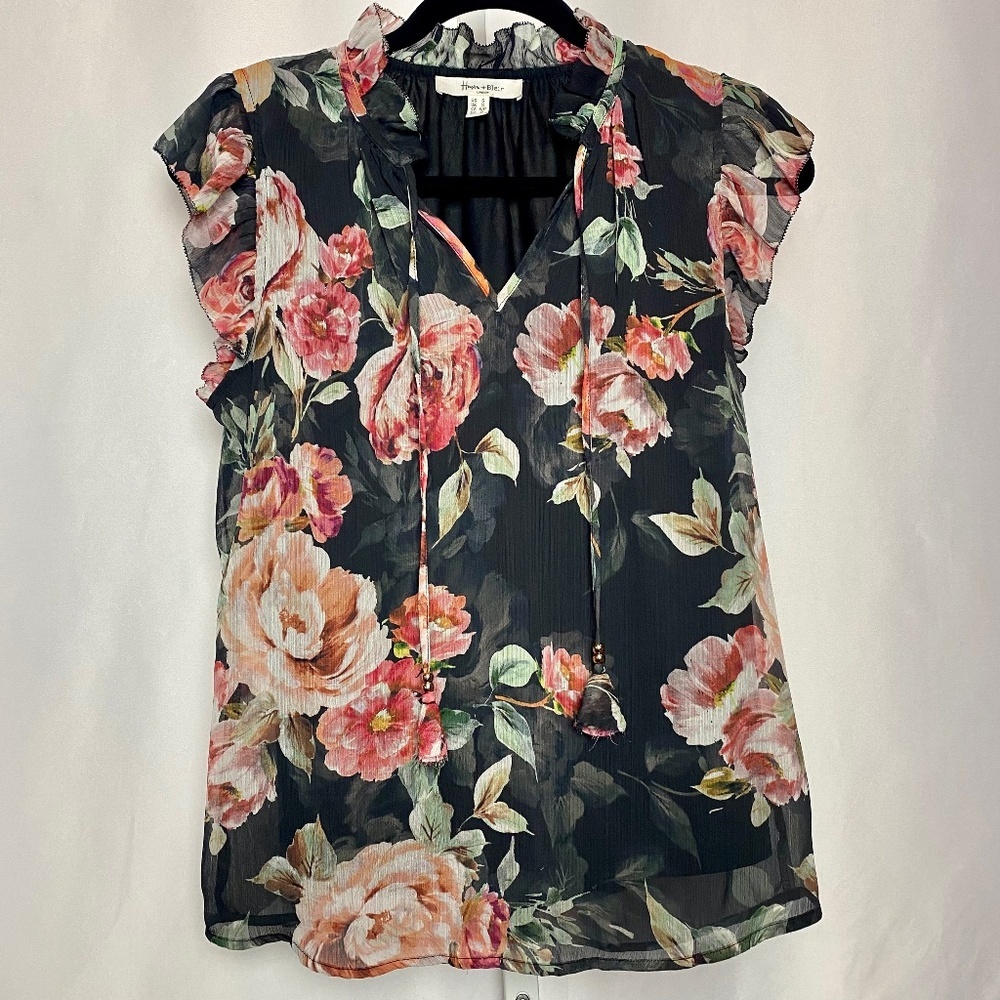 Haver & Blair London Womenʻs Black Floral Cap Ruffle Sleeve Blouse Small